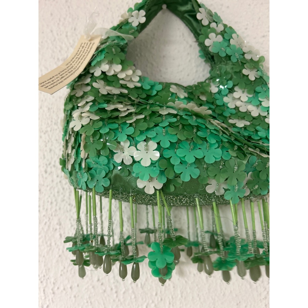 Handcrafted Floral Sequin Mini Bag Green White Beaded Fringe Viral TikTok Purse - Picture 3 of 5